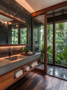A sleek modern bathroom featuring a large window with a view of lush greenery, combining luxury and nature.