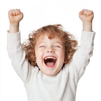 Enthusiastic child with curly hair and raised arms, expressing pure joy and excitement against a white background.