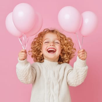 Cheerful child with curly hair holding pink balloons, smiling widely against a pink background, radiating happiness.