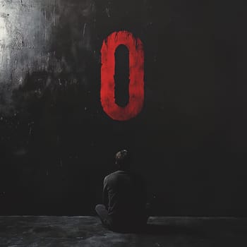 A man sits in a dark room facing a large red zero, evoking a sense of contemplation and introspection.