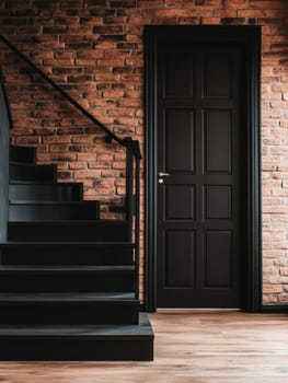 Contemporary interior featuring a black staircase against a rustic brick wall, exuding a stylish and warm ambiance.