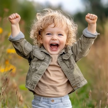 Energetic child with curly hair raising arms in excitement, enjoying a fun moment in a natural setting.