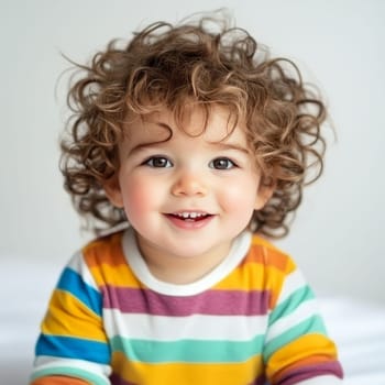 Adorable toddler with curly hair smiling joyfully, wearing a colorful striped shirt, radiating pure happiness.