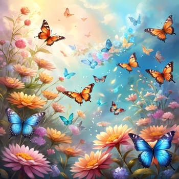 Colorful butterflies dance gracefully among a variety of blooming flowers, illuminated by the warm light of sunrise, creating a peaceful garden atmosphere. Generative AI.
