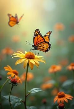 A delicate monarch butterfly gracefully flits above bright orange flowers, surrounded by a soft, blurred background that evokes a serene garden atmosphere. Generative AI.