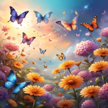 Colorful butterflies dance gracefully among a variety of blooming flowers, illuminated by the warm light of sunrise, creating a peaceful garden atmosphere. Generative AI.