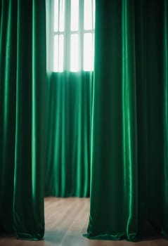 Curtain with soft smooth flowing folds. Deep green color and luxurious texture create a dramatic and elegant atmosphere. Decoration and interior design. Expensive curtain made of rich fabric. AI