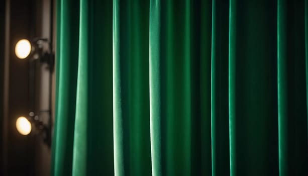 Curtain with soft smooth flowing folds. Deep green color and luxurious texture create a dramatic and elegant atmosphere. Decoration and interior design. Expensive curtain made of rich fabric. AI