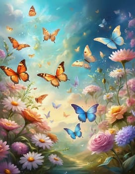 Colorful butterflies dance gracefully among a variety of blooming flowers, illuminated by the warm light of sunrise, creating a peaceful garden atmosphere. Generative AI.