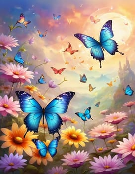 Colorful butterflies dance gracefully among a variety of blooming flowers, illuminated by the warm light of sunrise, creating a peaceful garden atmosphere. Generative AI.