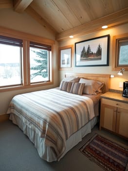 A rustic bedroom with wooden accents and large windows offering a view of snowy mountains.