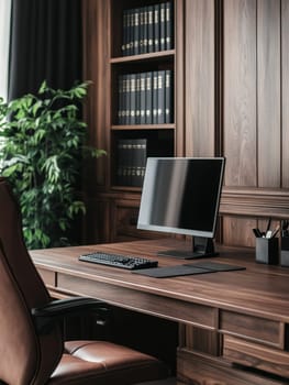 A sophisticated home office with wooden furniture and a modern computer setup, ideal for a productive work environment.