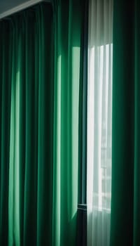 Curtain with soft smooth flowing folds. Deep green color and luxurious texture create a dramatic and elegant atmosphere. Decoration and interior design. Expensive curtain made of rich fabric. AI