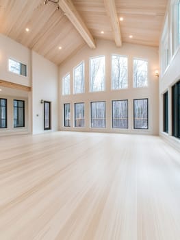 A large living room with vaulted wooden ceilings and expansive windows, providing ample natural light and elegance.