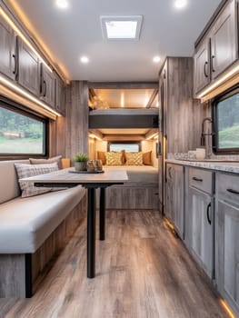 A well designed camper interior featuring a dining area, kitchenette, and comfortable sleeping space with a modern touch.