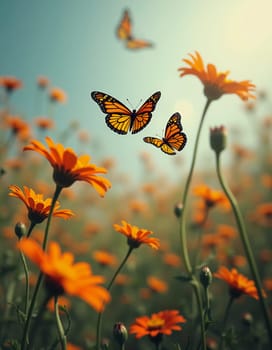 A delicate monarch butterfly gracefully flits above bright orange flowers, surrounded by a soft, blurred background that evokes a serene garden atmosphere. Generative AI.