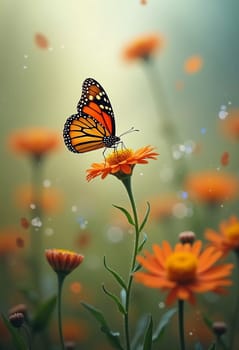 A delicate monarch butterfly gracefully flits above bright orange flowers, surrounded by a soft, blurred background that evokes a serene garden atmosphere. Generative AI.