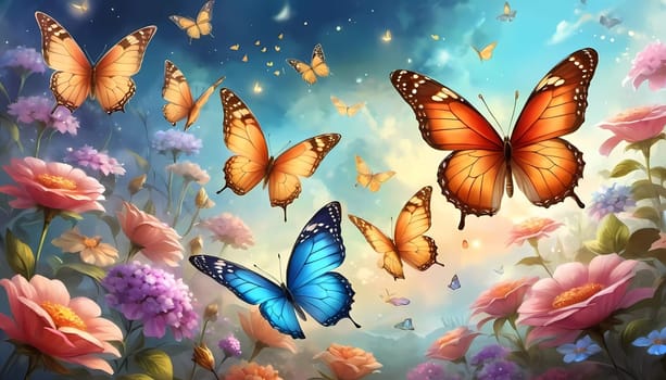 Colorful butterflies dance gracefully among a variety of blooming flowers, illuminated by the warm light of sunrise, creating a peaceful garden atmosphere. Generative AI.