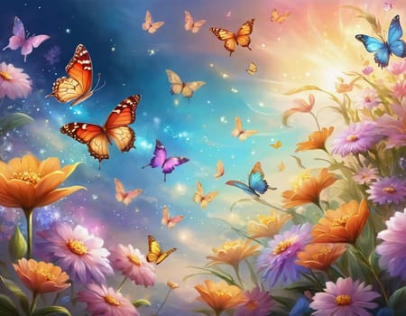 Colorful butterflies dance gracefully among a variety of blooming flowers, illuminated by the warm light of sunrise, creating a peaceful garden atmosphere. Generative AI.