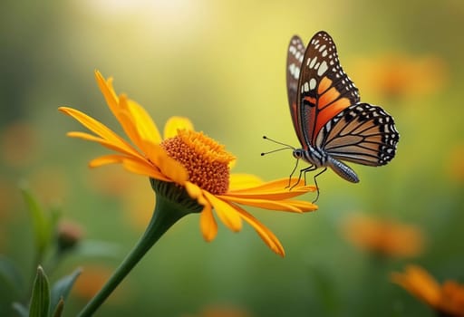 A delicate monarch butterfly gracefully flits above bright orange flowers, surrounded by a soft, blurred background that evokes a serene garden atmosphere. Generative AI.