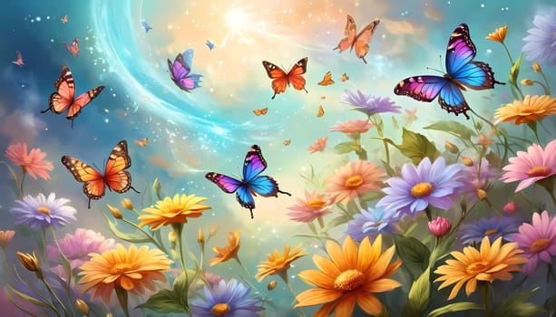 Colorful butterflies dance gracefully among a variety of blooming flowers, illuminated by the warm light of sunrise, creating a peaceful garden atmosphere. Generative AI.