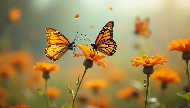 A delicate monarch butterfly gracefully flits above bright orange flowers, surrounded by a soft, blurred background that evokes a serene garden atmosphere. Generative AI.