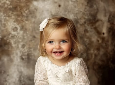 Charming little girl with a flower in her hair, smiling warmly in a lace dress, set against a textured background.