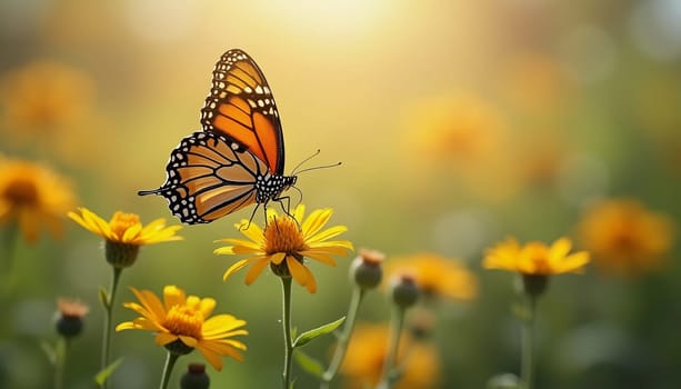 A delicate monarch butterfly gracefully flits above bright orange flowers, surrounded by a soft, blurred background that evokes a serene garden atmosphere. Generative AI.