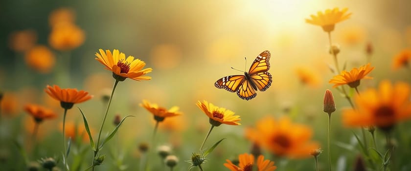 A delicate monarch butterfly gracefully flits above bright orange flowers, surrounded by a soft, blurred background that evokes a serene garden atmosphere. Generative AI.