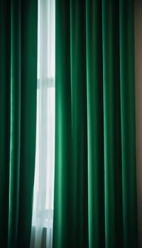 Curtain with soft smooth flowing folds. Deep green color and luxurious texture create a dramatic and elegant atmosphere. Decoration and interior design. Expensive curtain made of rich fabric. AI