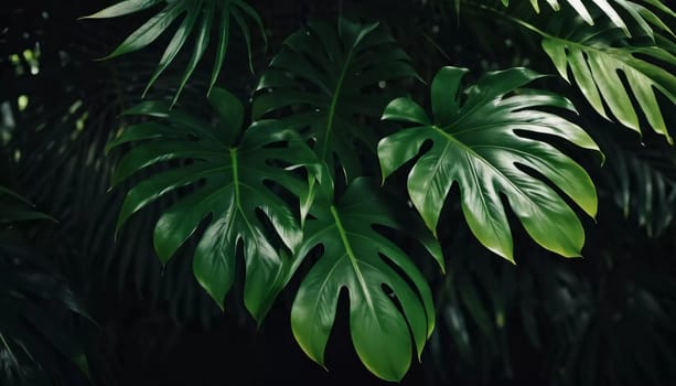Vibrant Monstera leaves hang gracefully, bathed in soft sunlight filtering through the canopy of a tropical rainforest, creating a serene atmosphere. Generative AI.