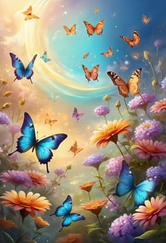 Colorful butterflies dance gracefully among a variety of blooming flowers, illuminated by the warm light of sunrise, creating a peaceful garden atmosphere. Generative AI.