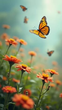 A delicate monarch butterfly gracefully flits above bright orange flowers, surrounded by a soft, blurred background that evokes a serene garden atmosphere. Generative AI.