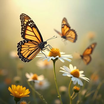 A delicate monarch butterfly gracefully flits above bright orange flowers, surrounded by a soft, blurred background that evokes a serene garden atmosphere. Generative AI.