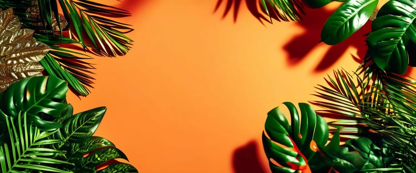 View of various tropical plants with striking green leaves, set against a vivid yellow orange backdrop, creating a lively indoor atmosphere filled with natural light. Copy space. Generative AI
