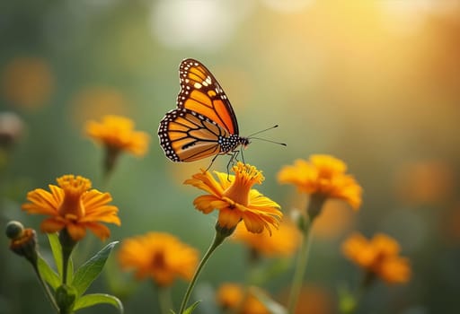 A delicate monarch butterfly gracefully flits above bright orange flowers, surrounded by a soft, blurred background that evokes a serene garden atmosphere. Generative AI.