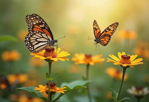 A delicate monarch butterfly gracefully flits above bright orange flowers, surrounded by a soft, blurred background that evokes a serene garden atmosphere. Generative AI.