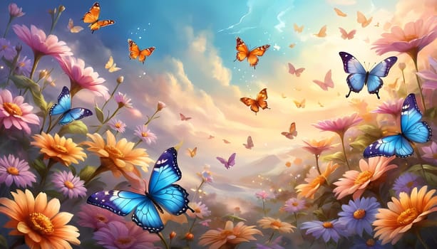 Colorful butterflies dance gracefully among a variety of blooming flowers, illuminated by the warm light of sunrise, creating a peaceful garden atmosphere. Generative AI.