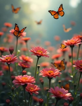 A group of striking butterflies dances gracefully around blooming flowers in a colorful garden. The bright blossoms create a lively atmosphere under the warm sunlight. Generative AI.