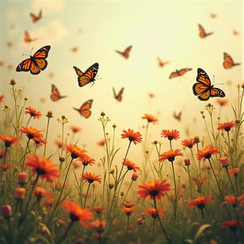 A delicate monarch butterfly gracefully flits above bright orange flowers, surrounded by a soft, blurred background that evokes a serene garden atmosphere. Generative AI.