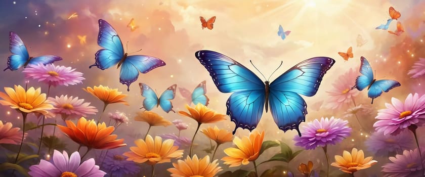 Colorful butterflies dance gracefully among a variety of blooming flowers, illuminated by the warm light of sunrise, creating a peaceful garden atmosphere. Generative AI.