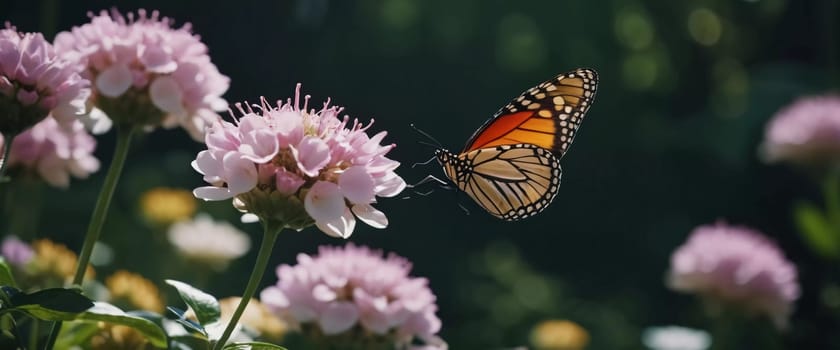 A group of striking butterflies dances gracefully around blooming flowers in a colorful garden. The bright blossoms create a lively atmosphere under the warm sunlight. Generative AI.