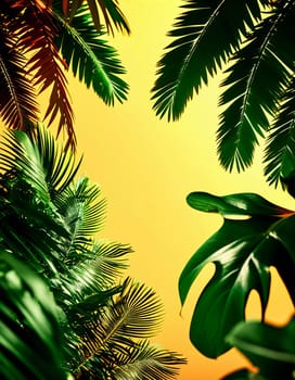 View of various tropical plants with striking green leaves, set against a vivid yellow orange backdrop, creating a lively indoor atmosphere filled with natural light. Copy space. Generative AI