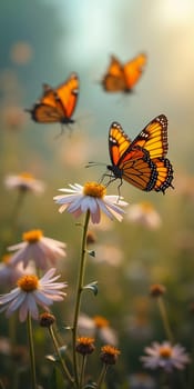 A delicate monarch butterfly gracefully flits above bright orange flowers, surrounded by a soft, blurred background that evokes a serene garden atmosphere. Generative AI.