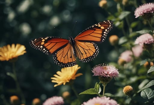 A group of striking butterflies dances gracefully around blooming flowers in a colorful garden. The bright blossoms create a lively atmosphere under the warm sunlight. Generative AI.