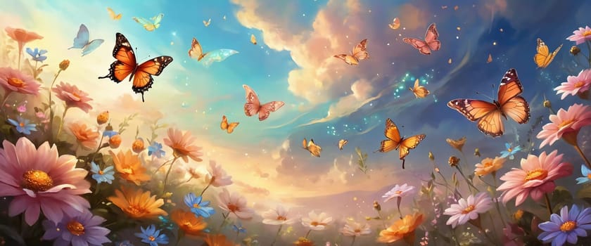 Colorful butterflies dance gracefully among a variety of blooming flowers, illuminated by the warm light of sunrise, creating a peaceful garden atmosphere. Generative AI.