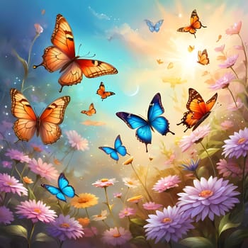 Colorful butterflies dance gracefully among a variety of blooming flowers, illuminated by the warm light of sunrise, creating a peaceful garden atmosphere. Generative AI.