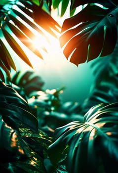 Vibrant Monstera leaves hang gracefully, bathed in soft sunlight filtering through the canopy of a tropical rainforest, creating a serene atmosphere. Generative AI.