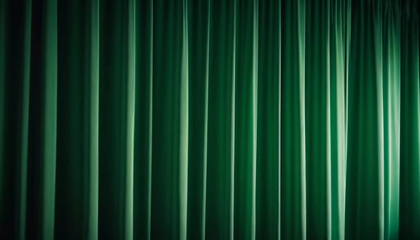 Curtain with soft smooth flowing folds. Deep green color and luxurious texture create a dramatic and elegant atmosphere. Decoration and interior design. Expensive curtain made of rich fabric. AI