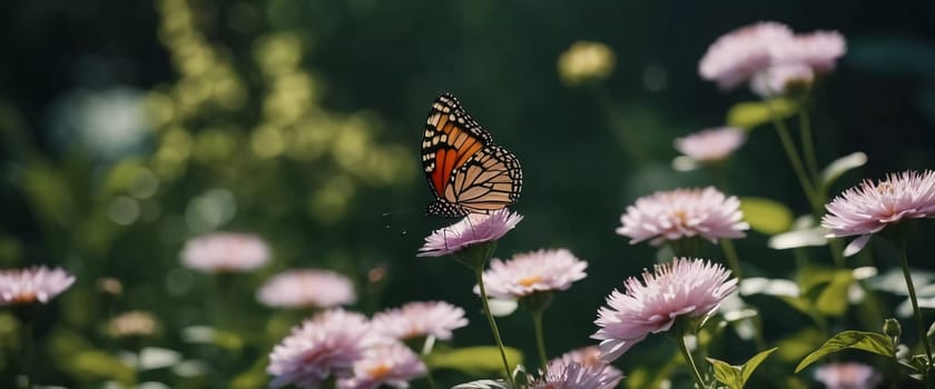 A group of striking butterflies dances gracefully around blooming flowers in a colorful garden. The bright blossoms create a lively atmosphere under the warm sunlight. Generative AI.